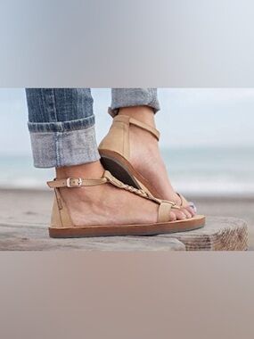 Rainbow Tan Braided T-Strap Sandals